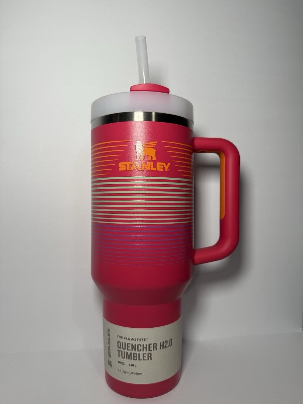 Stanley X Scheels Exclusive MAGENTA HYPER STRIPE 40oz Quencher Tumbler BNWT - Picture 1 of 7
